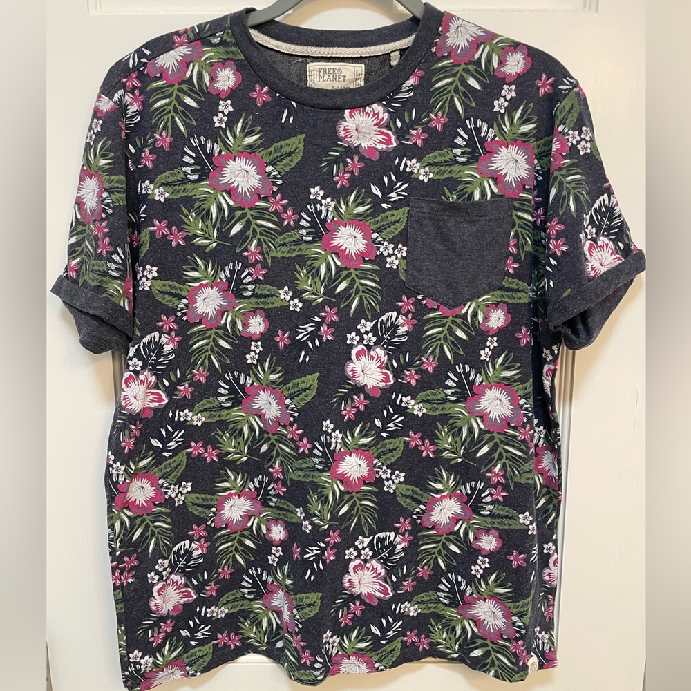 Free Planet Mens Floral Tropical Print Pocket T-Shirt Charcoal Gray XL